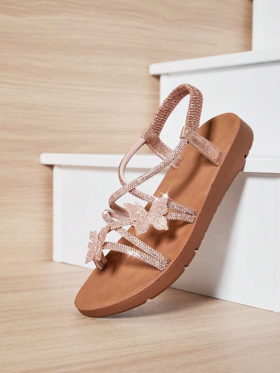 Mini mi #ButterflyBloom Girls' Rhinestone Butterfly Elastic Back Strap Rose Gold Multi-Strap Sandals – Glittering Elegance, Easy To Wear & Comfy Fit. - Rose Gold - View 1