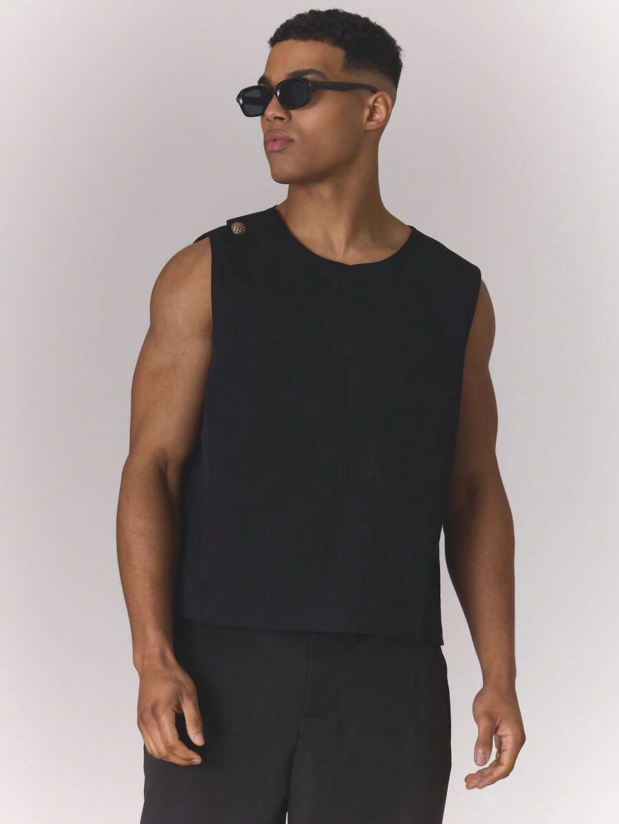 Musero Tailoed Waistcoat Jacket Shoulder Button Detailing Sleeveless Vest Smart Style Spring Summer Essentials - Black - View 1