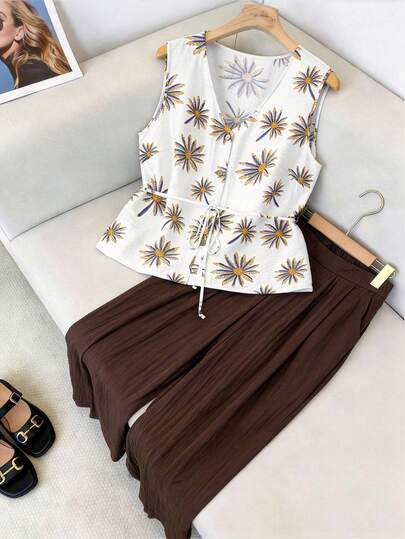 GlowEve CURVE Conjunto de 2 piezas de mujer talla grande de estilo campestre con estampado floral, compuesto por un cárdigan y pantalones, para primavera/verano