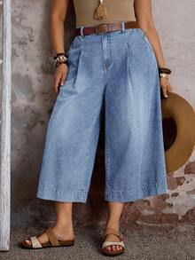 EMERY ROSE EMERY ROSE Plus Size Pleated Pocket Casual Straight Loose Fit Summer Jeans - Light Wash - View 6