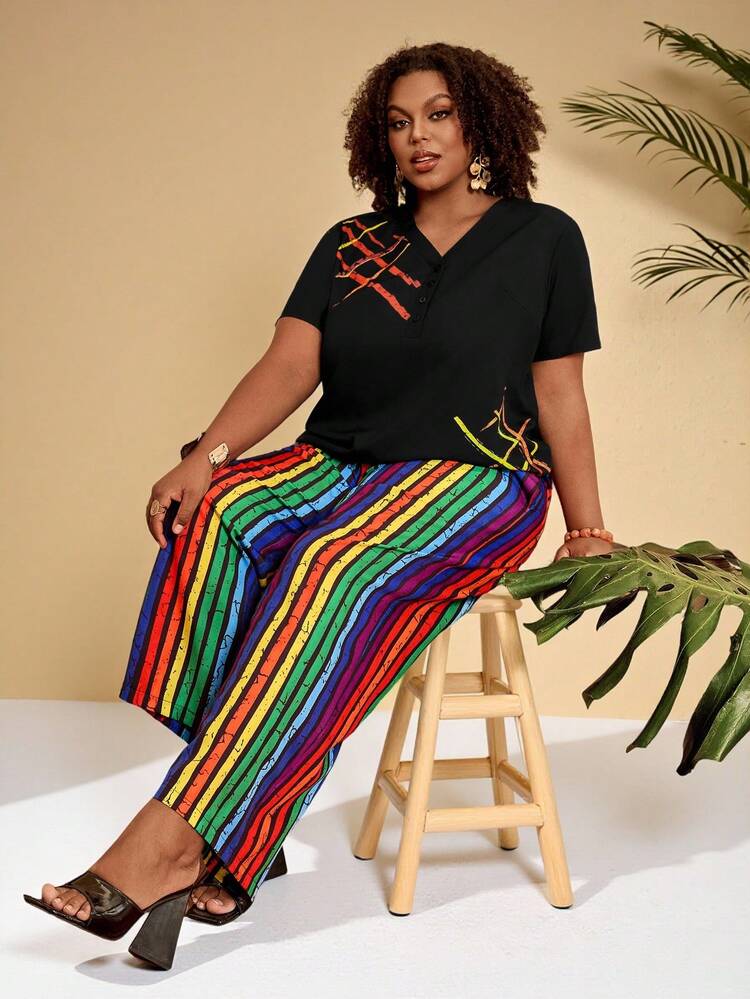 2pcs/Set Colorful Striped Open Front Shirt With Pockets, Vacation Style,Summer Holiday Outfits ,Country Outfits For Women