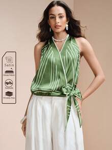 Aveloria Modichic Áo sơ mi nữ chất liệu satin bóng, cổ chữ V, dáng rộng, thắt eo, họa tiết hình học, thích hợp mặc đi làm hoặc mặc thường ngày. - màu xanh lá - Xem 3