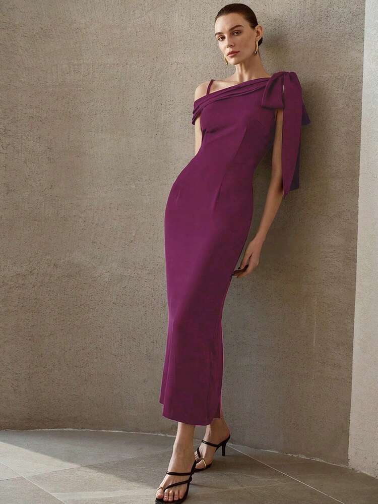 ELEGANT ASYMMETRICAL-SHOULDER LONG DRESS