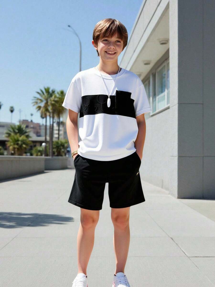 Mirajuku 2 pièces/Set Tenue à la mode pour garçon préadolescent, contraste de couleurs, design minimaliste avec poches, décontracté et cool, convient pour le port quotidien et les sorties - Noir - Voir 1