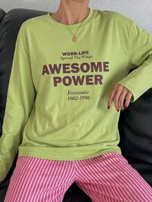 DAZY Women Casual Letter Graphic Print Decor Top & Striped Loose Pajama Set, Spring, Fall Winter Clothes Pajama - Green - View 3