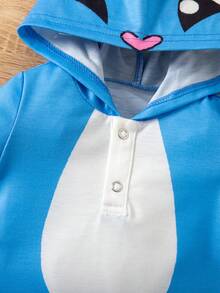 SHEIN 新生儿男/女宝宝可爱夏季卡通图案针织蓝色3D耳朵连帽连体衣 - 藍色 - 查看 5