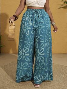 Maweii Vintage Print Tie-Up Plus Size Straight Leg Wide Leg Pants - Green - View 4