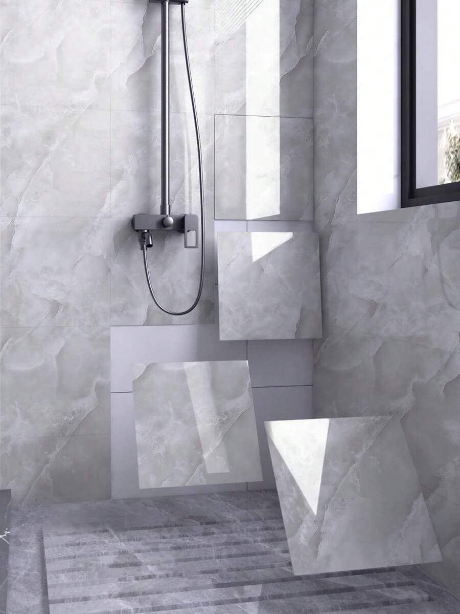 8 Tấm Giấy Dán Tường Gạch Sứ Vân Đá Mịn, Kích Thước 11.81in/11.81in 0.7㎡, Chống Thấm Nước, Chống Ẩm, Tấm Dán Tường 3D Tự Dính, Dùng Cho Phòng Tắm (Không Phải Gạch Thật) - Màu xám nhạt - Xem 1