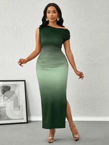 SHEIN Lady Đầm nữ thanh lịch cổ lệch, màu ombre, xẻ tà bên, thích hợp cho sinh nhật & sự kiện mùa hè / công sở / nhà thờ / đám cưới / lễ hội / trang phục công sở thường ngày cho nữ / đầm đi làm cho nữ - màu xanh lá - Xem 6