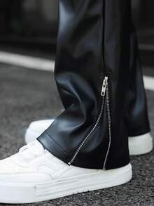 SLATEMANN Men's Fashionable Street-Style PU Leather Flare Pants - Black - View 4