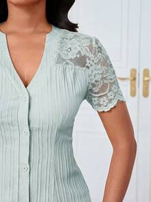 SHEIN Lunessa Women's Minimalist Single-Breasted Short Sleeve Shirt, Commuter Style - Baby Blue - View 5