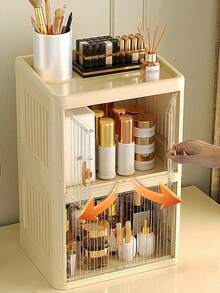 1 PC Large Capacity Large Size Plastic Foldable Dual Door Waterproof Dustproof Multifunctional Desktop Cosmetics Storage Box Organizer Pink Vanity Makeup Brush Holder Perfume Organizer Jewelry Display Case Nail Tool Container For Women Girls Christmas Gift Bedroom Bathroom Living Room Desk Decor - Multicolor - View 3