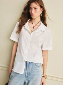 Écloséra Camisa casual blanca con empalme de encaje, espalda transparente, bajo curvo, botones delanteros, manga corta, parte superior de ocio para vacaciones - Blanco - Ver 1