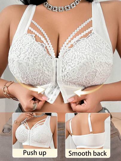 Plus Size Lace Patchwork Front Closure Wireless Bra