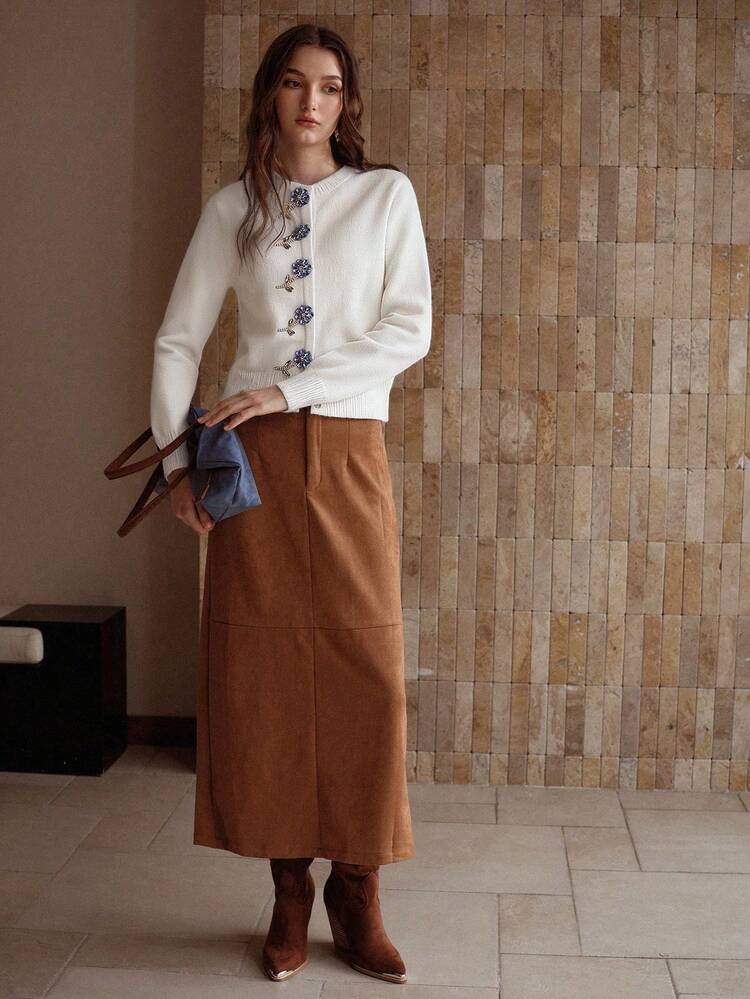 WOMEN'S AUTUMN/WINTER RHINESTONE FLOWER BUTTON CARDIGAN SWEATER