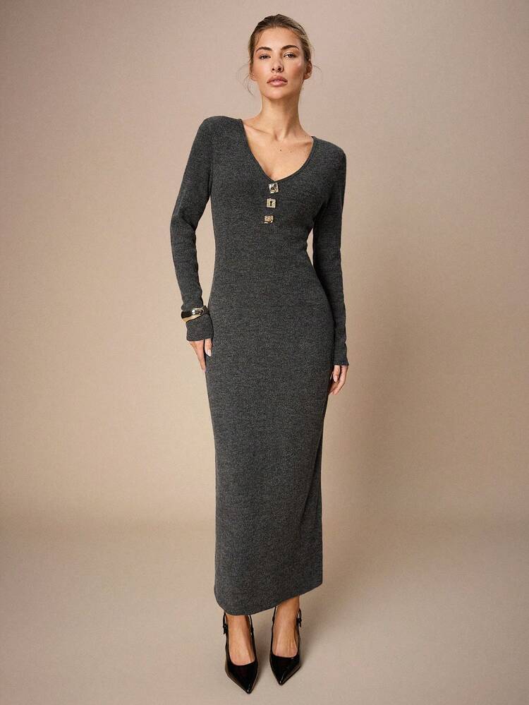 SHEIN Maija Women's Solid Color V-Neck Button Decor Fitted Long Dress,Casual Women's Loungewear,Metal Buckle Design, Long Summer Dress For Women, Summer Dresses, Summer Outfits For Women, Spring Break Outfits,Festive Dress, Beach Outfit, Wedding Guest Dress For Women, Birthday Dress, Elegant Dresses, Elegant Dresses For Ladies , Summer Holiday Outfits Button Details Dress Deep V Dress