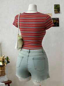 Lalippa Women's Striped V-Neck Short Sleeve Fitted T-Shirt - Multicolor - View 2