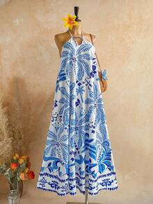 Soleia Plus Size White Print Spaghetti Strap Backless Maxi Dress, Suitable For Beach Holiday Vacation, Music Festival, Summer Ladies Dresses,Music Festival, Outfits, Clothing,Festival Outfits For Women ,Beach Outfit For Women,Holiday Outfits For Women , Boho - Blue and White - View 5
