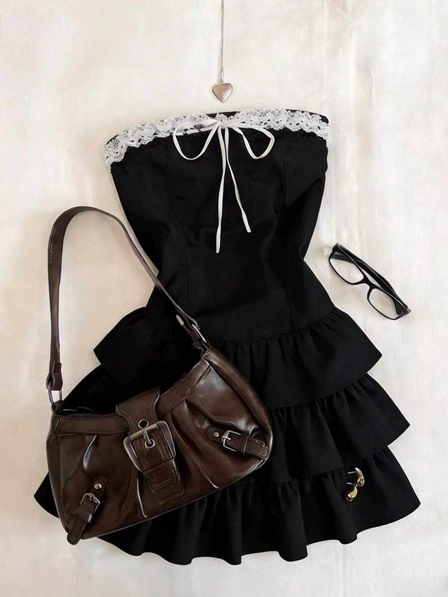 SHEIN Franclia Vestido elegante de bloque de color con hombros descubiertos y sin tirantes - Negro - Ver 1