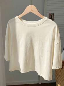 Comfortcana 女士杏色落肩圆领休闲短款T恤，春夏款 - 杏色 - 查看 3