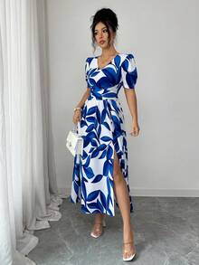 Elenzga Elegant Tie-Cinched Waist Puff Sleeve Leaf Print Long Split Dress For Women, Spring/Summer - Blue and White - View 3
