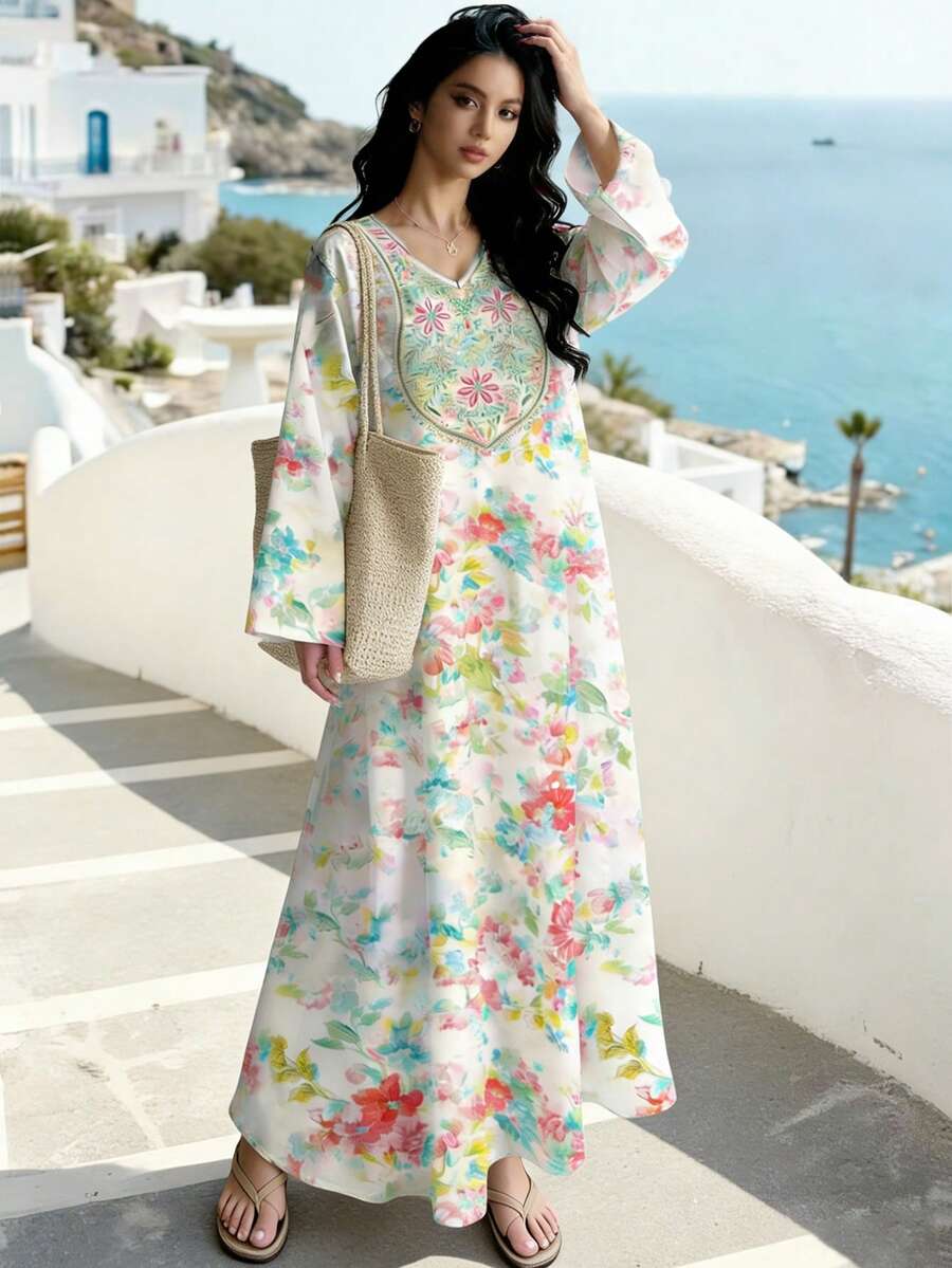 SHEIN Najma Vestido Longo Decote em V de Manga Longa com Estampa Floral e Botânica, Vestido com Padrão Floral Elegante Adequado para Praia, Férias e Uso Diário, Primavera/Verão - Multicolorido - Visão 1