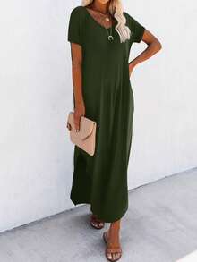 Louniche Women's Casual Solid Color High Slit Short Sleeve Midi Dress, Summer - Army Green - View 4