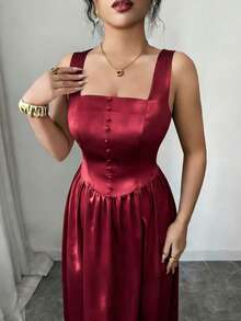 SHEIN Elenzya 大码女式夏季法式复古优雅方领A字连衣裙，带口袋，红色复古优雅度假连衣裙 - 酒紅色 - 查看 4