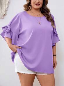 SHEIN CURVE+ Curve 尺码 US22 音乐节、海滨度假、波西米亚风女士蝴蝶结装饰圆领紫红色衬衫，夏季 - 紫色 - 查看 3