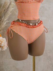 Swim Vcay Women's Tankini 2-Piece Swimwear Set, Plaid Print With Ruffle Trim, Halter Neck Tie Top And Drawstring Bottoms, Summer Beach Swimwear - Orange - View 6