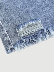 SHEIN Teen Girl Y2K Light Stonewashed Spring Break Asymmetric Waist Baggy Denim Long Short With Raw Hem,Summer,Suitable For Spring And Summer Boho,Season Vintage/Beach/Sea/Elegant Graduation,Casual,Summer Holiday,Spring,Beach,Vacation,Valentine Day,Summer Holiday,Beach Vacation Holiday - Light Wash - View 3