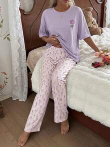 DAZY 2 Pieces Women's Printed Comfortable Loose Short Sleeve Pajama Set - Purple - View 3