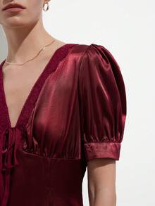 Aveloria Modichic Maxi Dress Satin Acetate Fabric Slim Fit Waist V-Neck Lace Patchwork Ruched Tie-Front Bubble Short Sleeve Elegant Dating Vintage Red Dresses For Women Elegant Dresses For Party Wedding Guest Dress For Women Elegant Party Dresses For Women - Burgundy - View 3