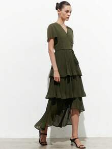 Aveloria Modichic Women's Summer Elegant Olive Green Chiffon Pleated A-Line Dress,V-Neck Wrap Tie Waist Multi-Layer Ruffle Hem Mid-Length Tea Party Wedding Guest Dress - Olive Green - View 6