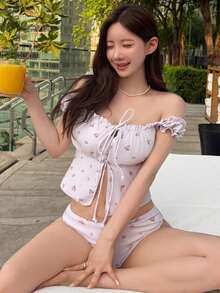 DAZY Áo croptop trễ vai in họa tiết dành cho nữ, áo hai dây, bikini gợi cảm, đồ bơi đi biển. - trắng - Xem 7