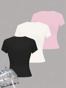 三件套多巴胺印花短袖圆领基础款T恤，黑色、米粉色、白色，休闲简约百搭，适合青少年女孩，春夏日常穿着、居家、度假皆宜。 - 彩色 - 查看 2