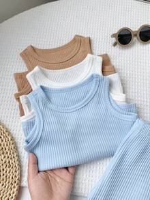 SHEIN 3件套男女宝宝休闲纯色罗纹针织背心套装，春夏宝宝服装 - 彩色 - 查看 8