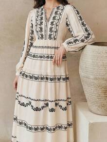 Yasmyna Modest Casual Vacation Women's Floral Print V-Neck Long Sleeve Arabic Dress Vacation Dresses Casual Long Dresses - Multicolor - View 3