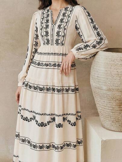 Yasmyna Modest Casual Vacation Women's Floral Print V-Neck Long Sleeve Arabic Dress Vacation Dresses Casual Long Dresses