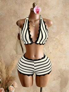 Bellisia 春夏新款无袖无领抹胸短款印花比基尼套装（两件套），拼接蕾丝，Yk2少女风，适合海滩度假 - 彩色 - 查看 5