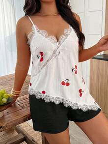 Weeklong Plus Size Women's Elegant Casual Vacation Sleeveless Top, Featuring Hollow-Out Lace Patchwork, Textured Cherry Fruit Print, And Asymmetric Hem, Suitable For Spring/Summer - Multicolor - View 4