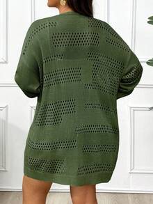 Elenzga Plus Size Women Solid Color Casual Versatile Long Sleeve Cardigan Fall - Green - View 2