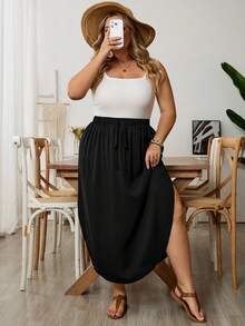SHEIN CURVE+ Chân váy trơn màu trơn, cạp chun, gấu cong. - màu đen - Xem 8