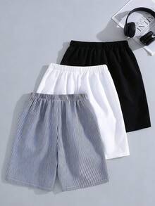 3pcs Tween Boy Loose Casual Woven Sports Workwear Shorts Set,Blue And White Striped,Summer,Beach Solid Color Simple Basic Versatile Spring Summer - Multicolor - View 2
