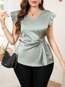 SHEIN Clasi Áo kiểu thanh lịch cổ chữ V tay ngắn dành cho nữ cỡ lớn - màu xanh lá - Xem 6