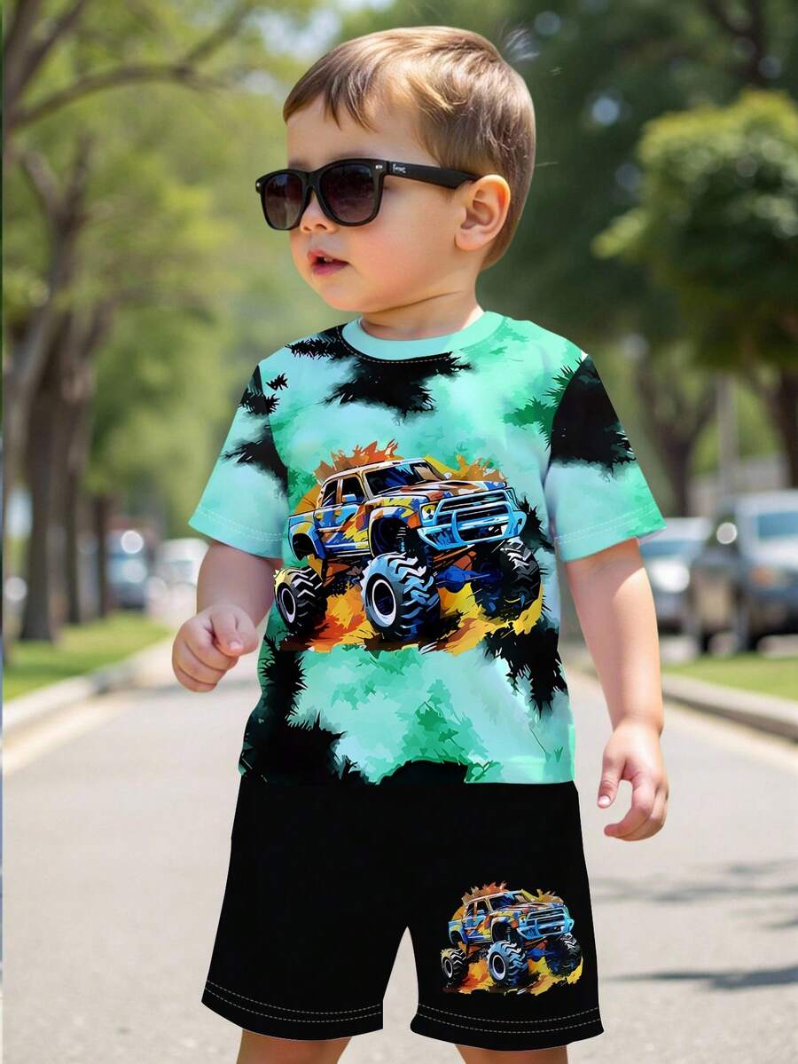 一套幼儿男童休闲酷炫卡通卡车印花扎染渐变短袖T恤和短裤套装,适合日常外出、街头、运动和休闲穿着。 - 彩色 - 查看 1