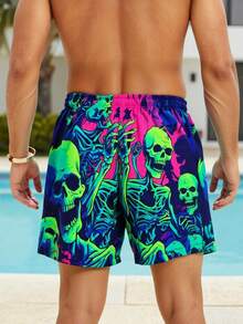 Manfinity Swimmode 男士骷髅印花抽绳腰带口袋沙滩短裤 - 綠色 - 查看 2