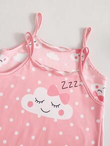 女童白色粉色可爱兔子印花针织吊带裙两件套睡衣套装 - 彩色 - 查看 3