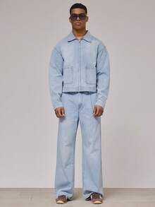 Musero Pantalones vaqueros rectos de pierna ancha lavados con pliegues, cierre con botones, detalles de presillas para cinturón, solo pantalones vaqueros, esenciales de primavera y verano para vacaciones y playa - Lavado ligero - Ver 1