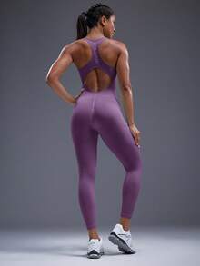 Powerista Women's Elastic Backless Letter Print Seamless Jumpsuit - Mauve Purple - View 7